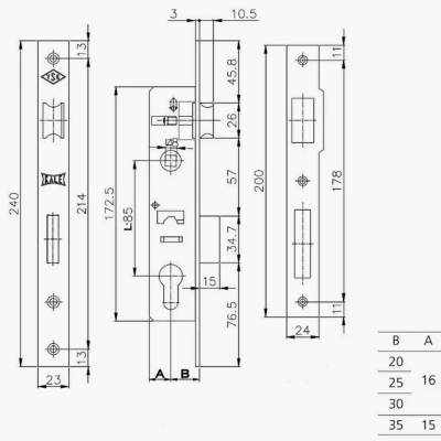 Замок KALE 153U врезной для алюм.дверей 3